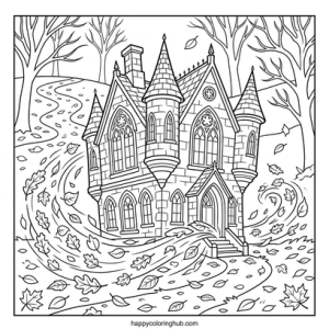 Haunted houses running coloring page for teens