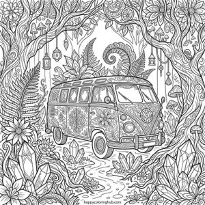 Psychedelic camper vans coloring page for women