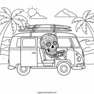 Sugar skulls traveling coloring page for anxiety relief