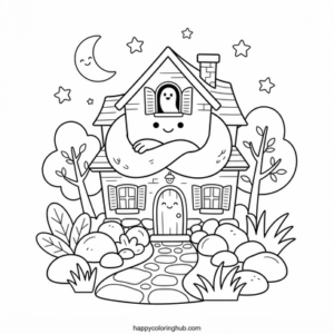 Haunted houses meditating coloring page for women