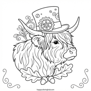 Steampunk highland cows coloring page for teens