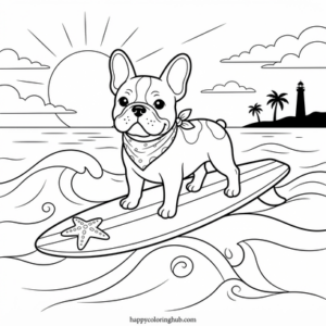 French bulldogs surfing coloring page for teens