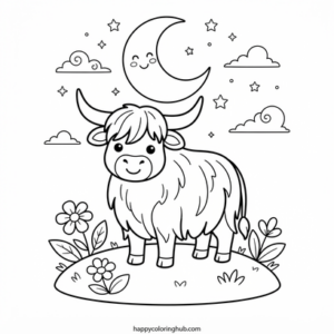 Simple creepy kawaii highland cows coloring page