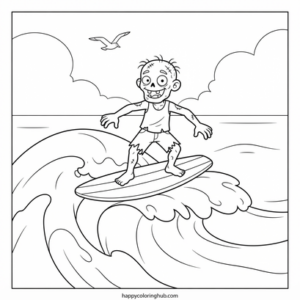 Zombies surfing coloring page for seniors