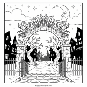 Scary line art cities coloring page