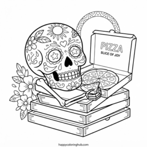 Sugar skulls eating pizza coloring page