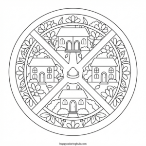 Simple mandala cities coloring page
